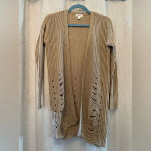Arizona Jean Co. Size S Open Long Cardigan. Tan with distressed design.